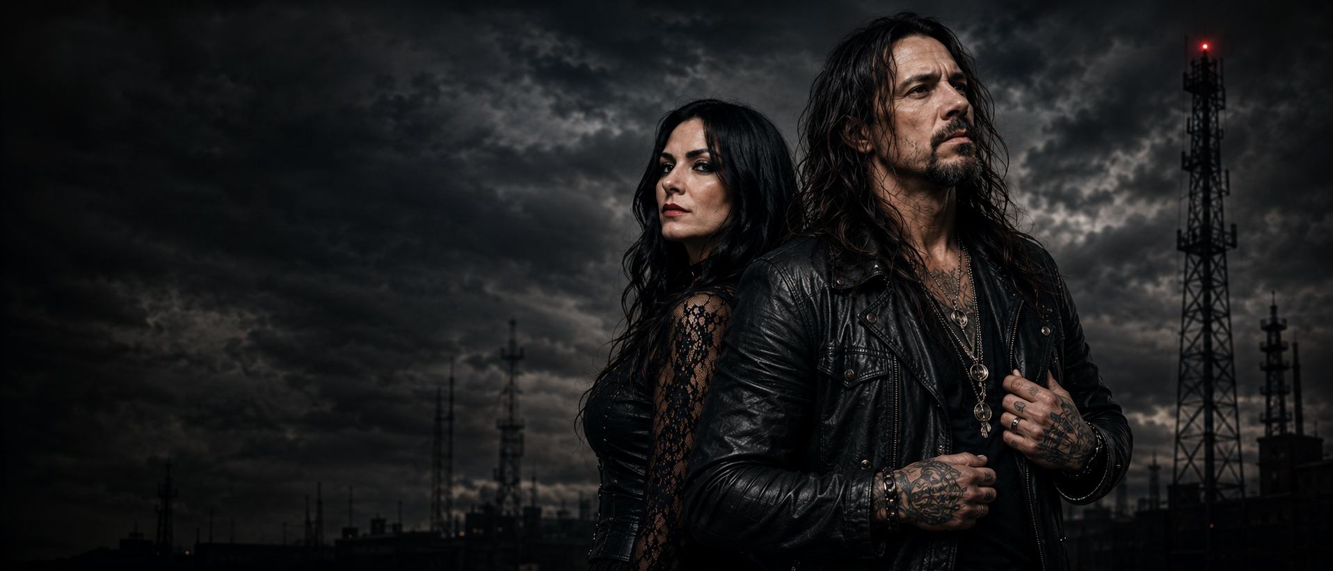 Damon and Delilah standing under a stormy industrial skyline